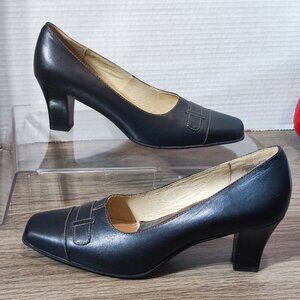 Marche-Mellow Comfort Block Heel Pumps Size 7 Black Leather Minimalist Dress